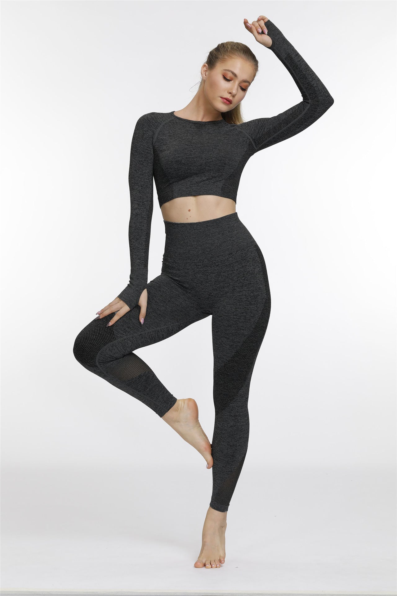 Curved Jacquard Back Hollow Seamless Long Sleeve Fitness Yoga Wear