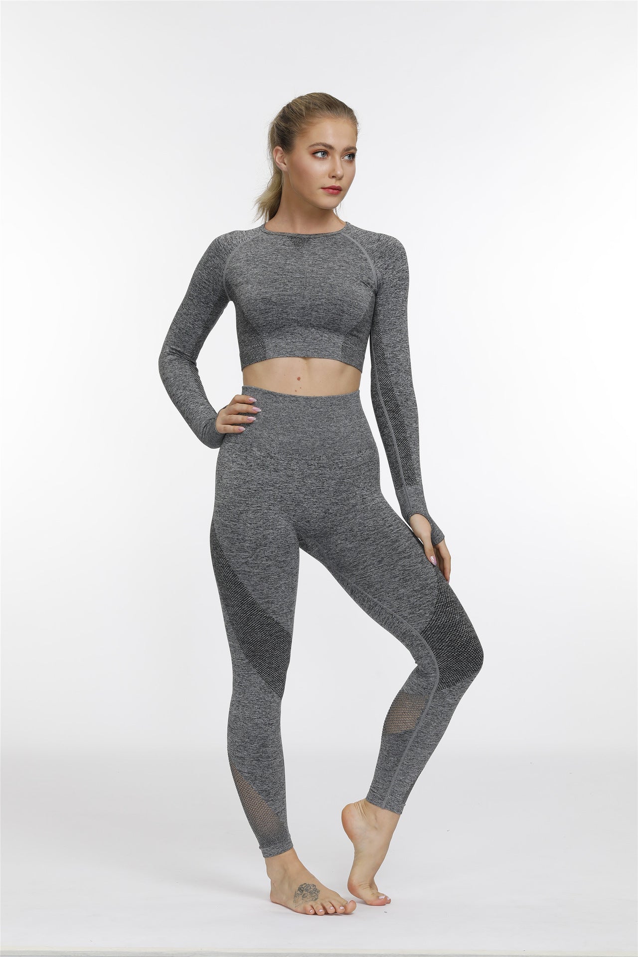 Curved Jacquard Back Hollow Seamless Long Sleeve Fitness Yoga Wear